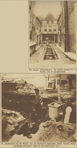 870170 Collage van 2 foto's betreffende de graafwerkzaamheden op de Neude en in de Kintgenshaven (boven) te Utrecht. ...